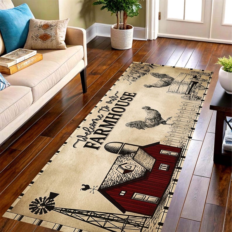 Welcome Farmhouse Kitchen Runner Rug: Rustic Rooster Barn Carpet, Machine-Washable Non-Slip
