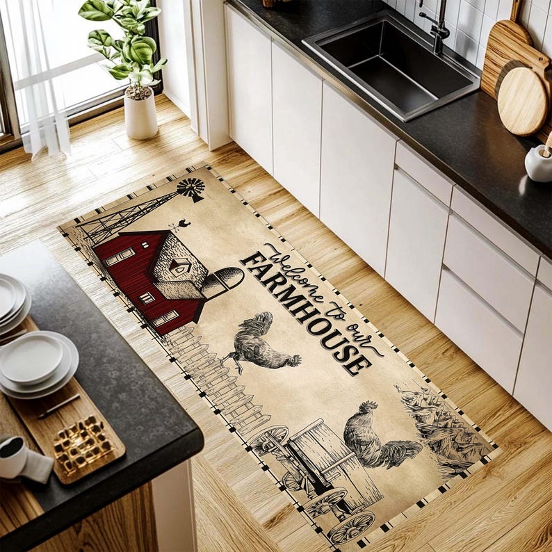 Welcome Farmhouse Kitchen Runner Rug: Rustic Rooster Barn Carpet, Machine-Washable Non-Slip