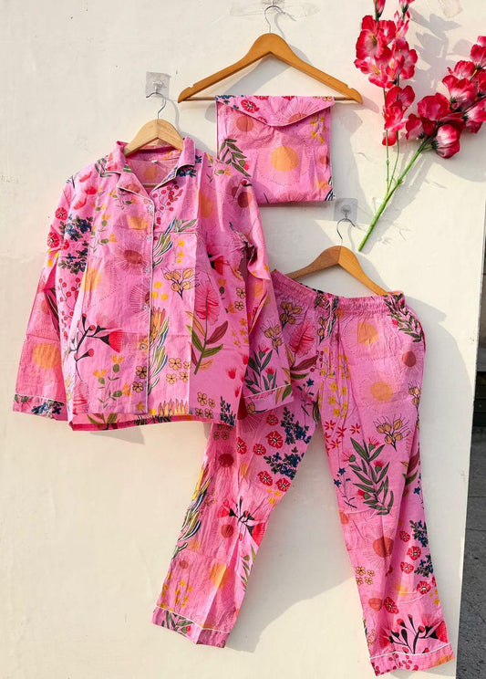 Pink Floral Cotton Pajama Set Women, Soft Breathable Sleepwear, Button Down Night Suit, Summer PJs Set, Cute Lounge Wear Gift for Her