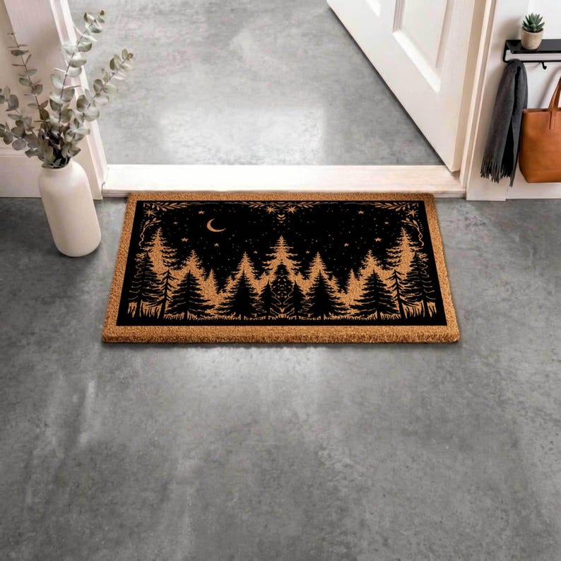 Rustic Coir Doormat, Woodland Pine Tree Night Sky Design
