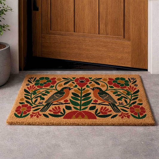 Folk Art Bird Coir Doormat, Floral Welcome Mat