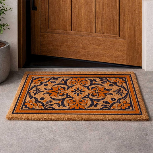 Mediterranean Coir Doormat, Traditional Floral Welcome Mat