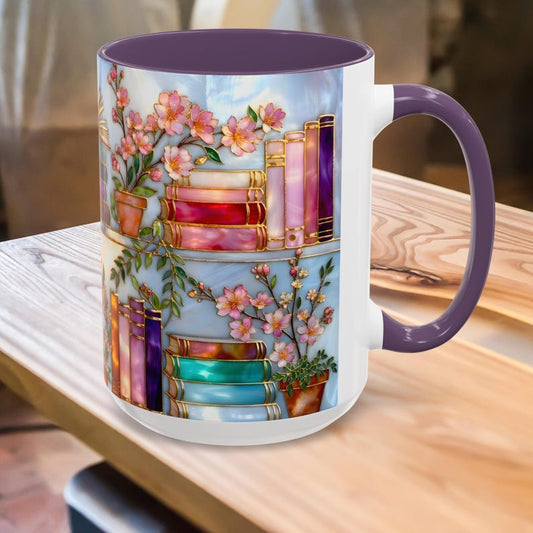Floral Bookshelf Mug for Book Lovers, Bookish Library Coffee Cup, Black Ceramic 15oz, Stained Glass Style Design