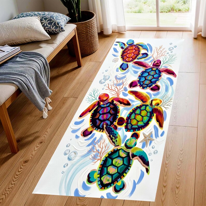 Sea Turtle Runner Rug: Coastal Hallway Carpet, Non-Slip Machine-Washable