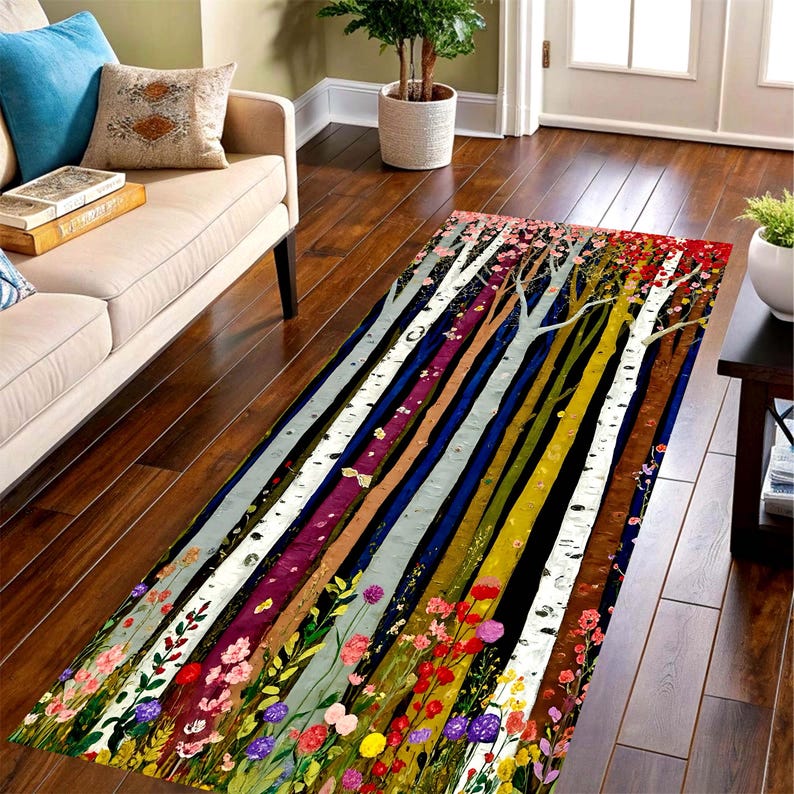 Colorful Birch Tree Runner Rug: Wildflower Forest Hallway Carpet, Machine-Washable Non-Slip