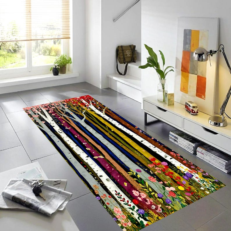 Colorful Birch Tree Runner Rug: Wildflower Forest Hallway Carpet, Machine-Washable Non-Slip