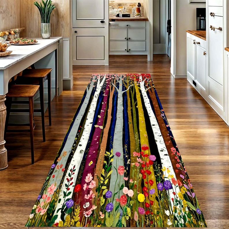 Colorful Birch Tree Runner Rug: Wildflower Forest Hallway Carpet, Machine-Washable Non-Slip