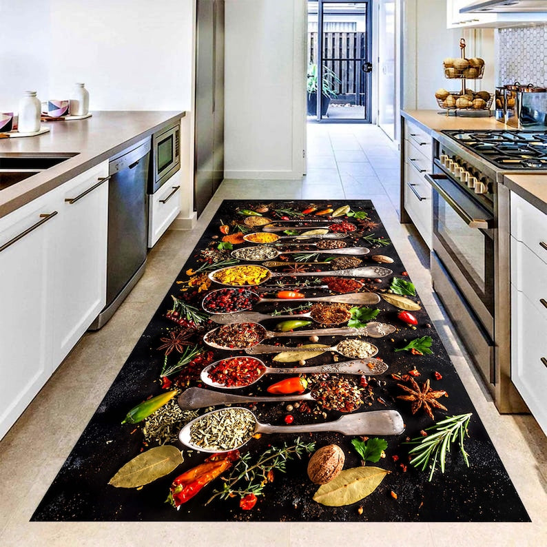 Rustic Spice Spoon Kitchen Runner Rug: Herb and Chili Culinary Farmhouse Carpet, Non-Slip Machine-Washable