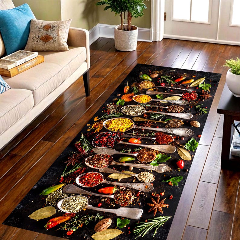 Rustic Spice Spoon Kitchen Runner Rug: Herb and Chili Culinary Farmhouse Carpet, Non-Slip Machine-Washable