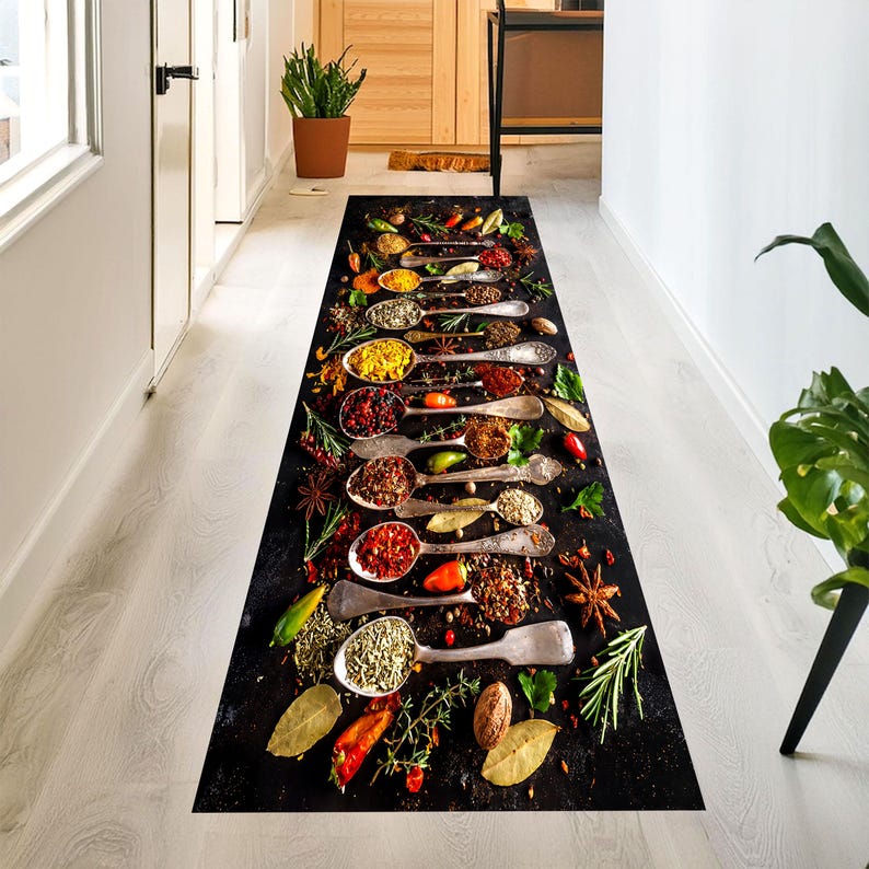 Rustic Spice Spoon Kitchen Runner Rug: Herb and Chili Culinary Farmhouse Carpet, Non-Slip Machine-Washable