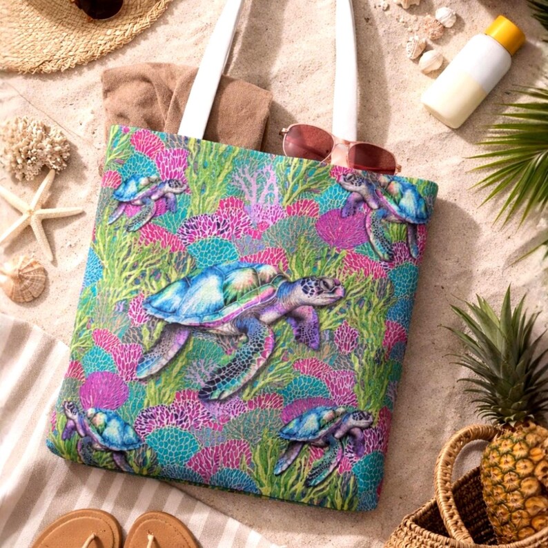 Sea Turtle Beach Tote Bag, Coastal Ocean Tote, Tropical Reusable Bag, Large Beach Bag, Sea Life Shopping Tote, Coastal Gift for Women