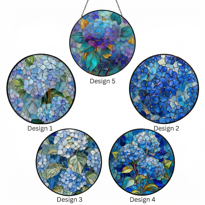 Blue Hydrangea Floral Stained Glass Suncatcher, Vintage Flower Window Hanging, Botanical Sun Catcher Decor, Garden Gift for Her