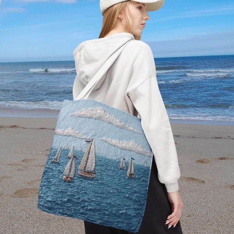 Coastal Beach Tote Bag Sailboat Ocean Summer Bag Nautical Tote Beach House Bag Lake Day Bag Seaside Tote Large Beach Bag Gift