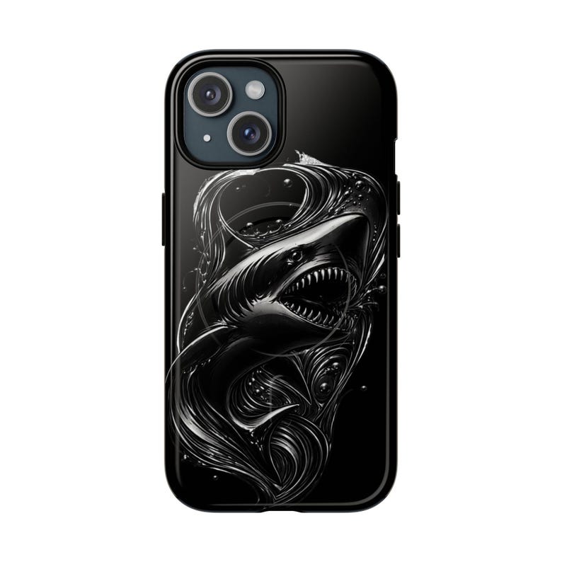 Black Shark iPhone Case MagSafe Tough Case, Dark Ocean Shark Phone Case, Edgy Marine Design iPhone 17 16 15 14 Case, Mens Phone Case