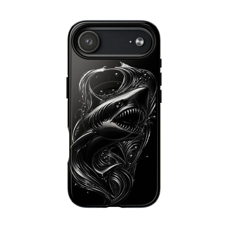 Black Shark iPhone Case MagSafe Tough Case, Dark Ocean Shark Phone Case, Edgy Marine Design iPhone 17 16 15 14 Case, Mens Phone Case