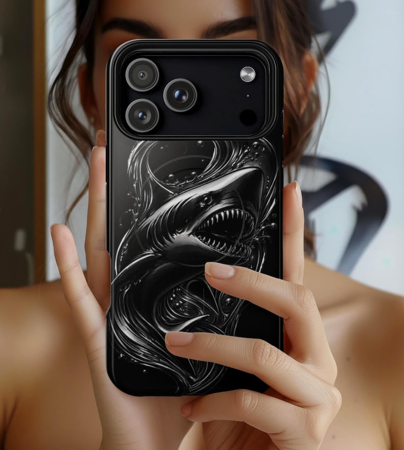 Black Shark iPhone Case MagSafe Tough Case, Dark Ocean Shark Phone Case, Edgy Marine Design iPhone 17 16 15 14 Case, Mens Phone Case