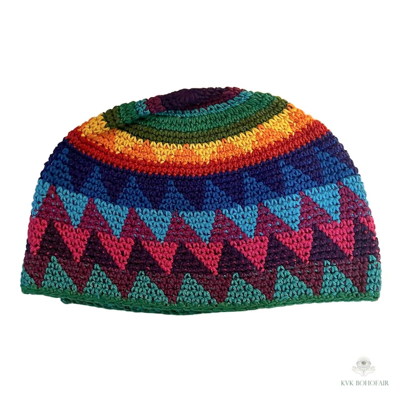 Rainbow Kufi Skull Cap - Crocheted Beanie Hat, Ethically sourced