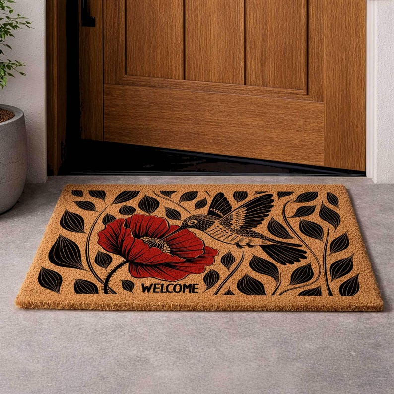Hummingbird Poppy Coir Doormat, Nature Inspired Floral Entryway Rug