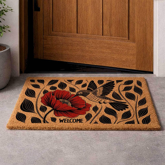 Hummingbird Poppy Coir Doormat, Nature Inspired Floral Entryway Rug