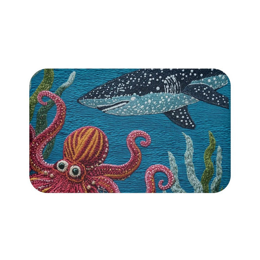 Coastal Bath Mat Close Up Ocean Bathroom Decor Octopus Whale Shark Microfiber Rug Detail Non Slip Beach House Bath