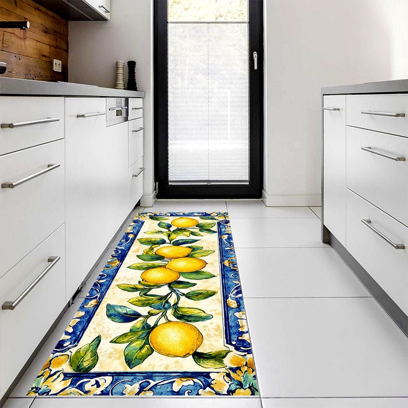 Lemon Branch Kitchen Runner Rug: Mediterranean Citrus Floor Carpet, Non-Slip Machine-Washable