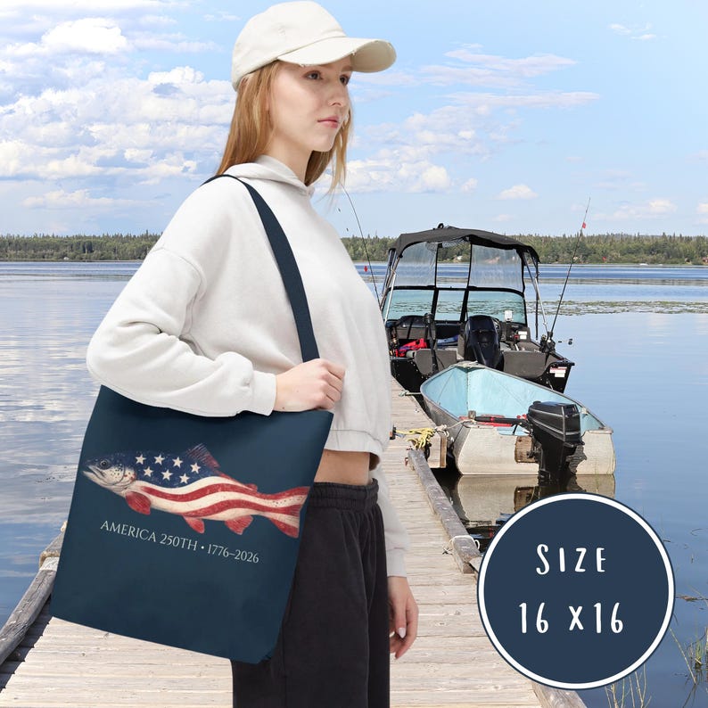 American 250th Trout Tote Bag, Patriotic Fishing Bag, 1776 2026 USA Gift, Lake Day Beach Tote, Fisherman Gift, Independence Day, USA bag
