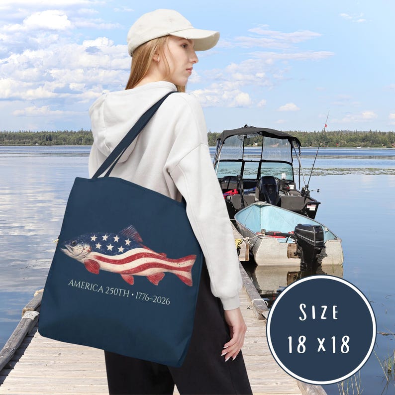 American 250th Trout Tote Bag, Patriotic Fishing Bag, 1776 2026 USA Gift, Lake Day Beach Tote, Fisherman Gift, Independence Day, USA bag