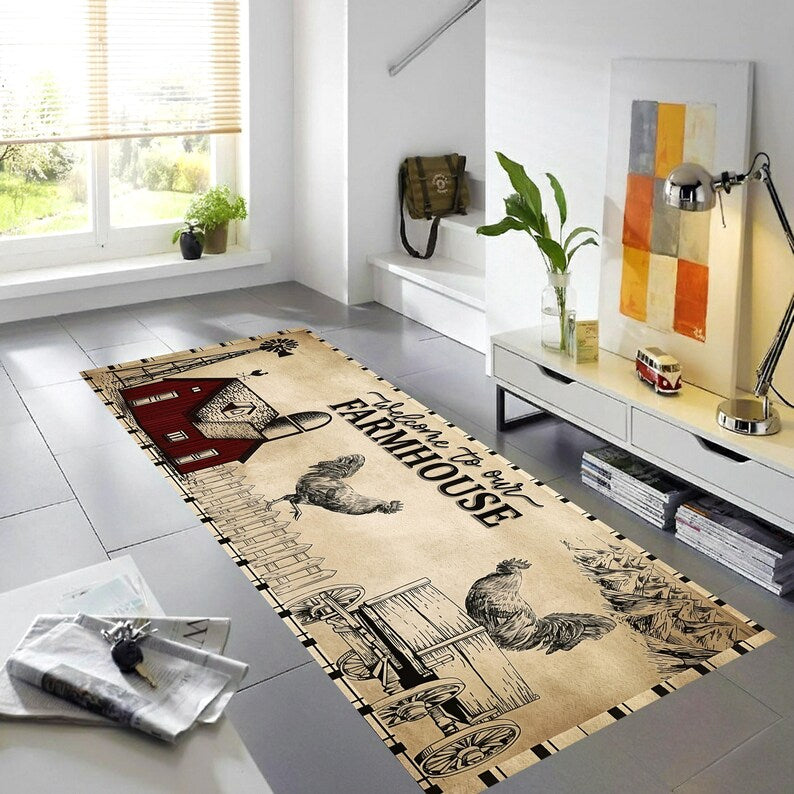 Welcome Farmhouse Kitchen Runner Rug: Rustic Rooster Barn Carpet, Machine-Washable Non-Slip