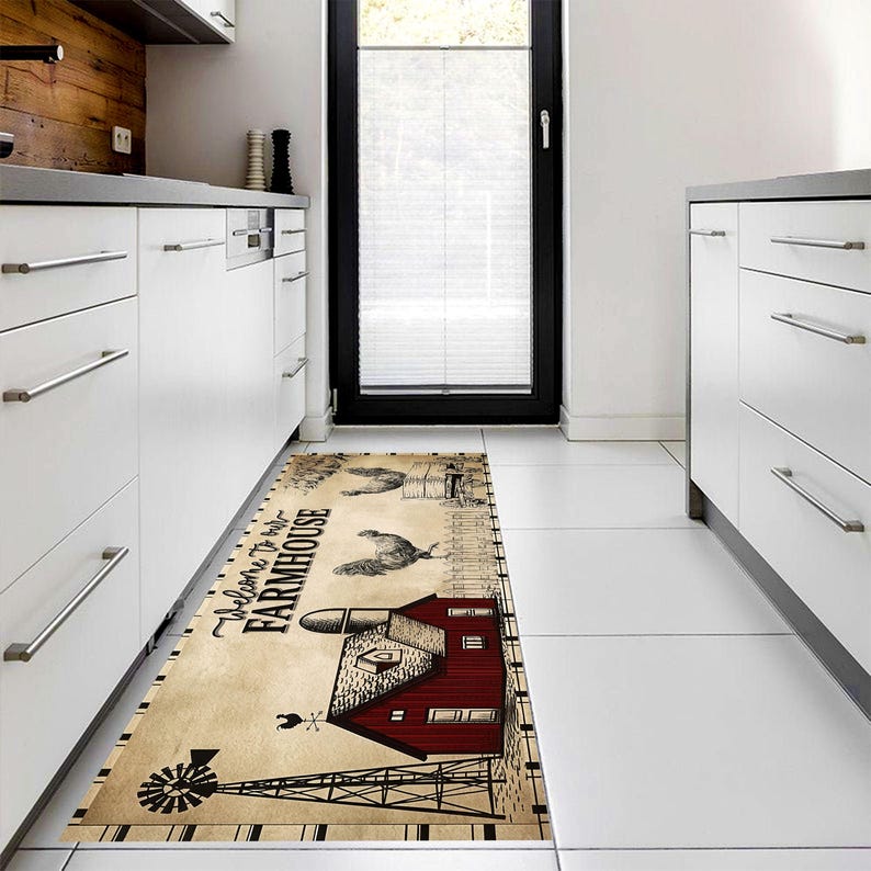 Welcome Farmhouse Kitchen Runner Rug: Rustic Rooster Barn Carpet, Machine-Washable Non-Slip