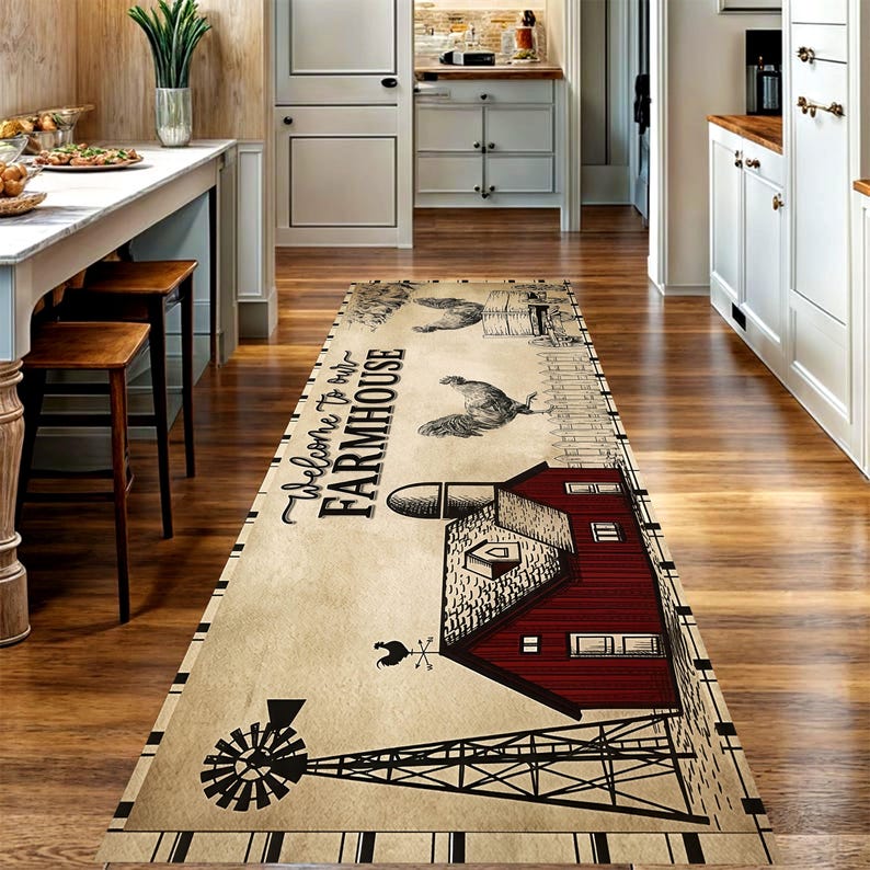 Welcome Farmhouse Kitchen Runner Rug: Rustic Rooster Barn Carpet, Machine-Washable Non-Slip