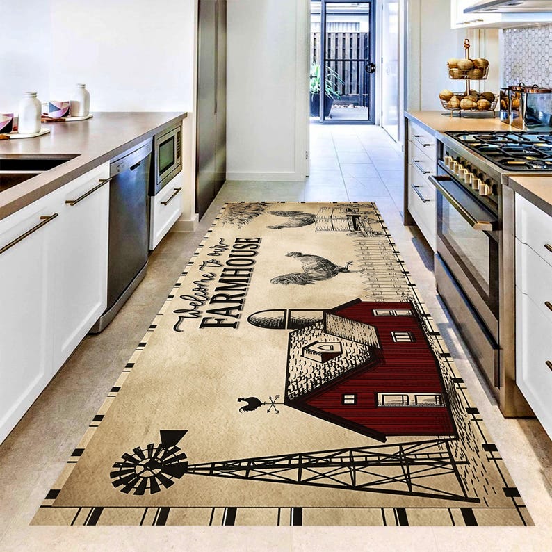 Welcome Farmhouse Kitchen Runner Rug: Rustic Rooster Barn Carpet, Machine-Washable Non-Slip