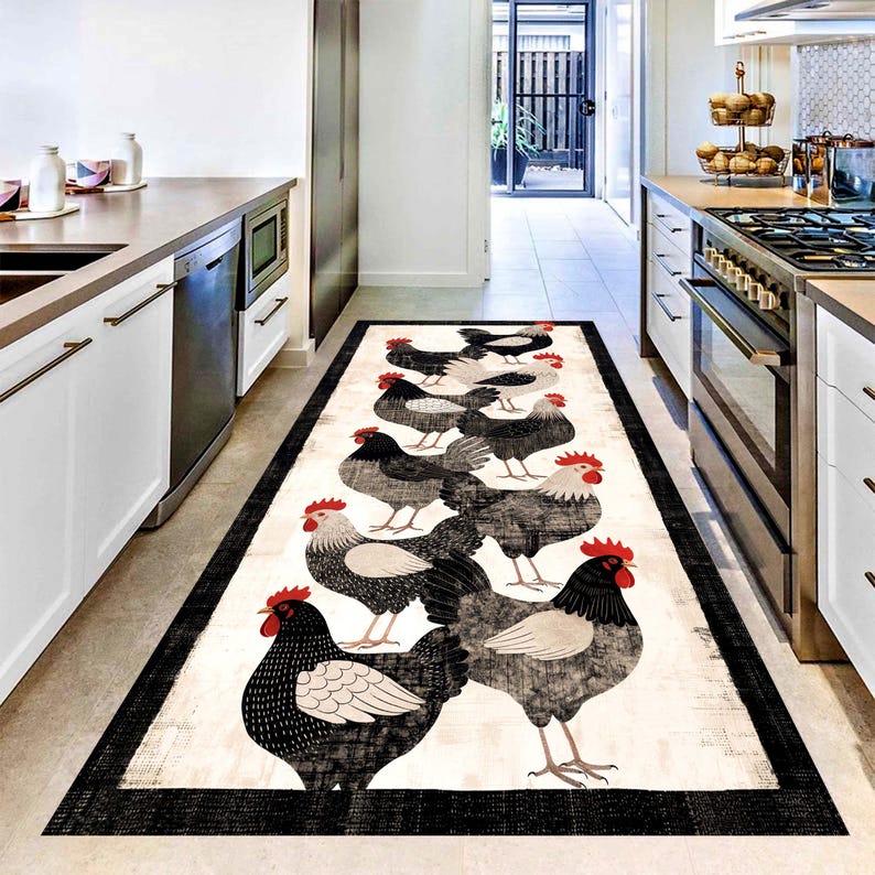 Barnyard Rooster Kitchen Runner Rug: Black White Farmhouse ChickenCarpet, Non-Slip Machine-Washable