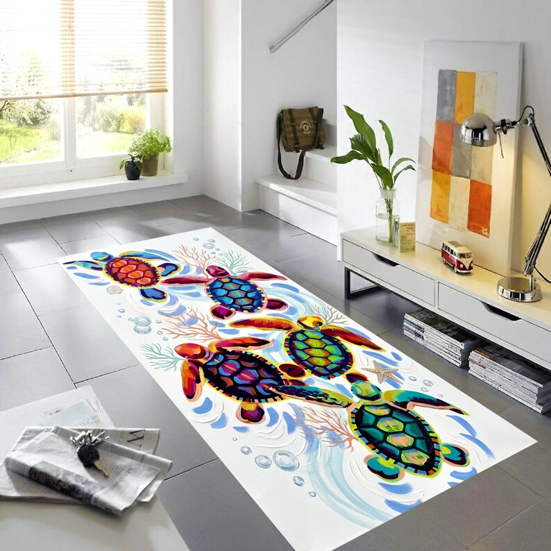 Sea Turtle Runner Rug: Coastal Hallway Carpet, Non-Slip Machine-Washable