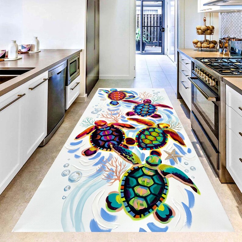 Sea Turtle Runner Rug: Coastal Hallway Carpet, Non-Slip Machine-Washable