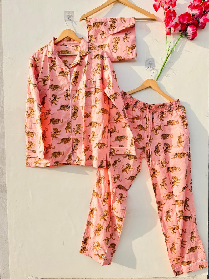 Tiger Print Cotton Pajama Set Women, Hand Block Sleepwear, Pink Soft PJs, Button Down Nightwear, Lounge Set Gift for Her
