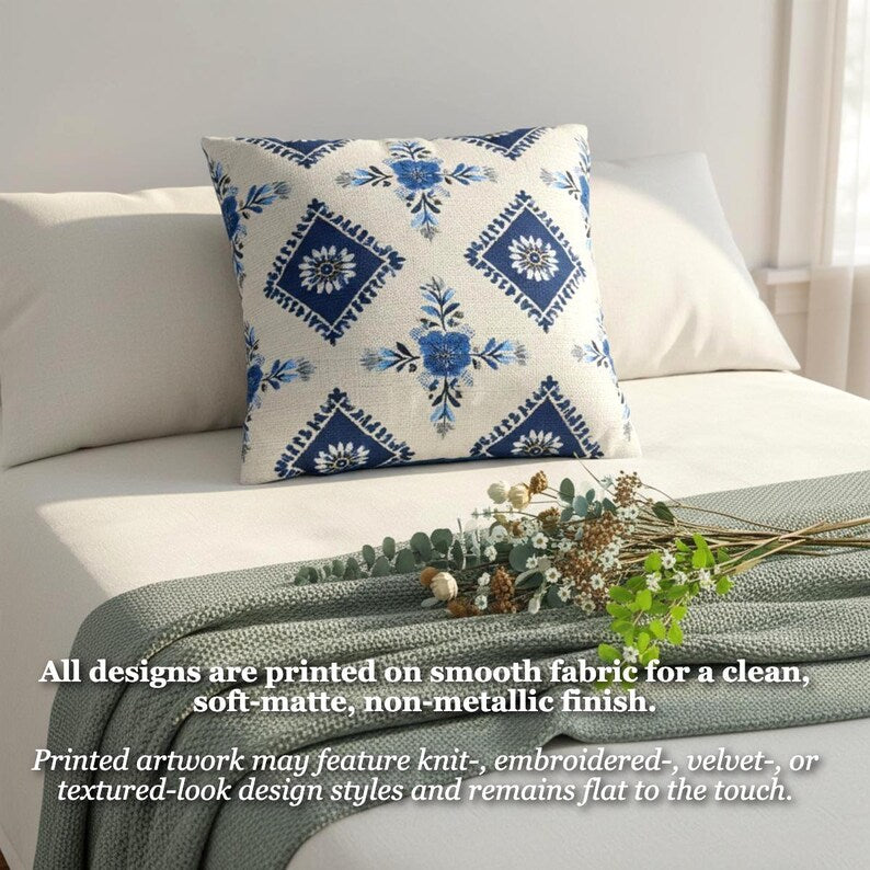 Blue Tile Pattern Pillow Cover, Mediterranean Floral Design, Blue and White Geometric Botanical Coastal Farmhouse Home Decor Pillowcase Gift
