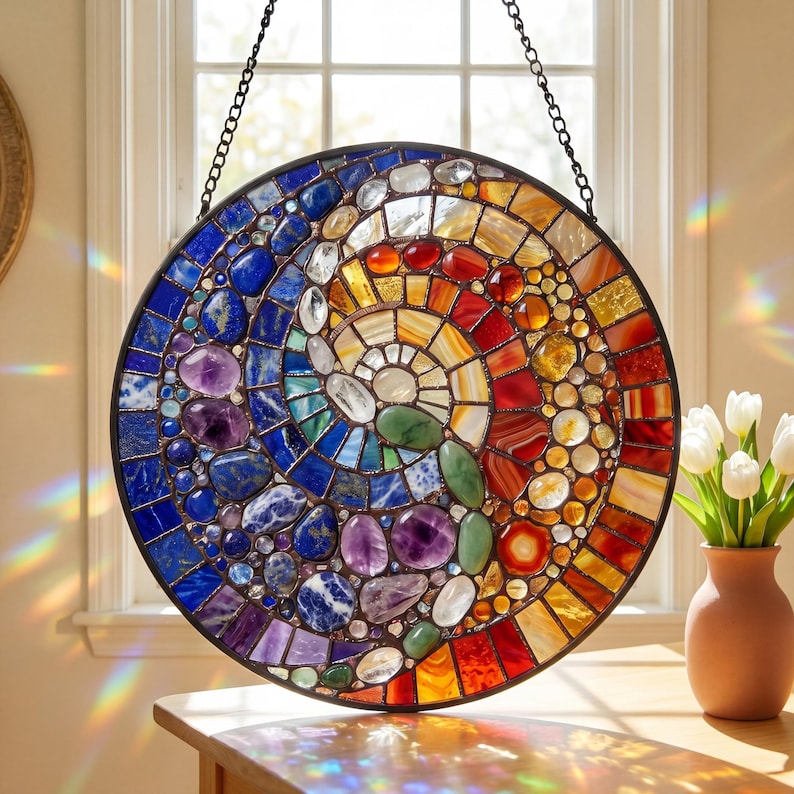 Abstract Rainbow Shell Spiral Suncatcher, Stained Glass Coastal Beach Decor, Ocean Inspired Window Hanging Gift