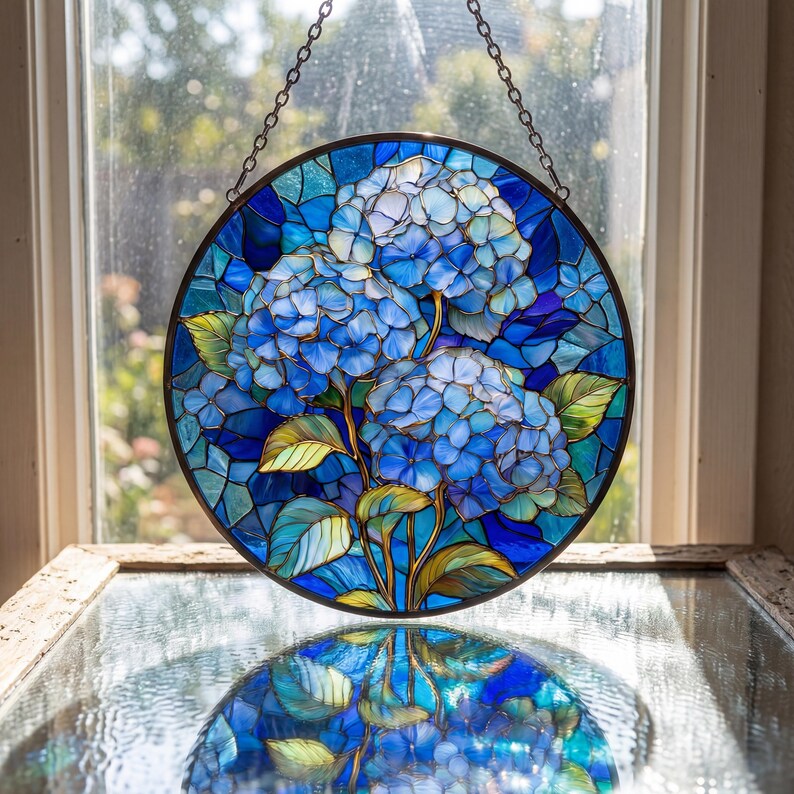 Blue Hydrangea Floral Stained Glass Suncatcher, Vintage Flower Window Hanging, Botanical Sun Catcher Decor, Garden Gift for Her
