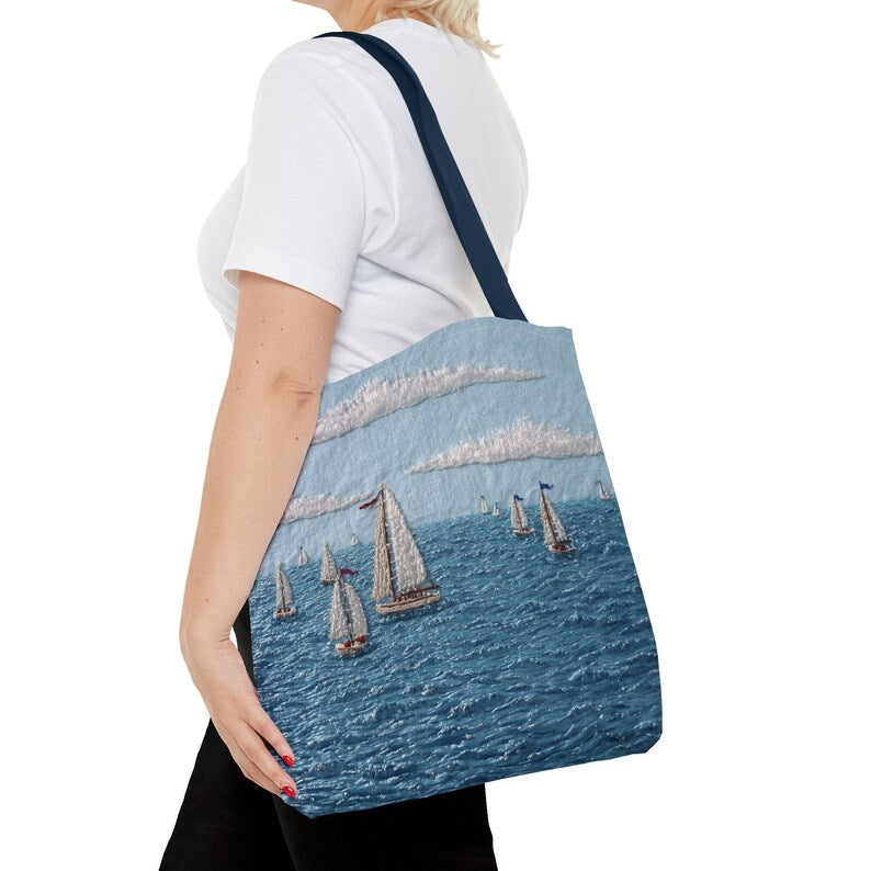 Coastal Beach Tote Bag Sailboat Ocean Summer Bag Nautical Tote Beach House Bag Lake Day Bag Seaside Tote Large Beach Bag Gift