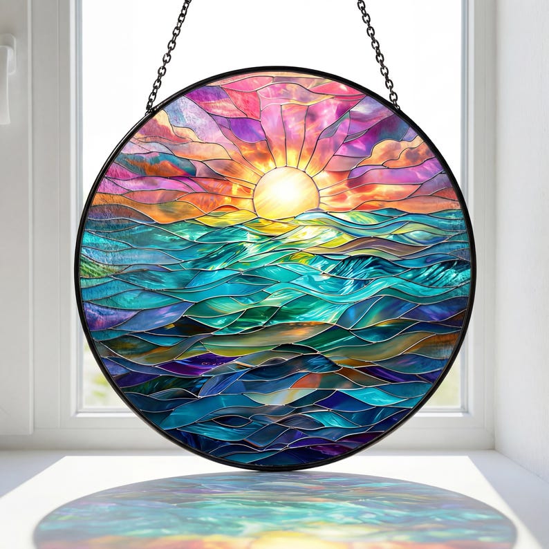 Ocean Sunset Stained Glass Suncatcher, Colorful Wave Window Hanging, Coastal Sun Catcher Decor, Seascape Art Gift for Home