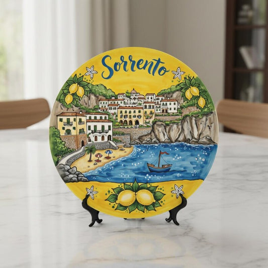 Vibrant Yellow and Blue Ceramic Plate Inspired by Sorrento Sorrento Italy Scenery Including Stand