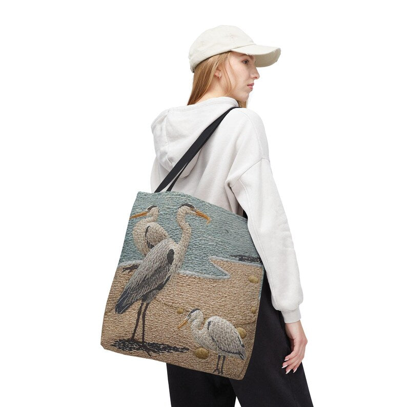 Coastal Heron Beach Tote Bag, Nautical Summer Tote, Ocean Bird Canvas Bag, Lakehouse Beach Bag, Coastal Travel Tote, Gift for Her