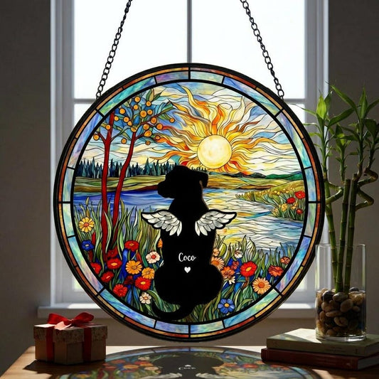 Personalized Dog Memorial Stained Glass Suncatcher, Custom Pet Loss Sympathy Gift, Rainbow Bridge Window Hanging, Dog Remembrance Decor