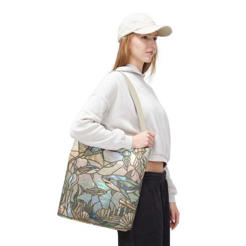 Coastal Shark Tote Bag Beach Bag Ocean Lover Gift, Stained Glass Style Tote, Luxury Beach Tote, Nautical Bag, Coastal Mom Gift, Reusable Bag