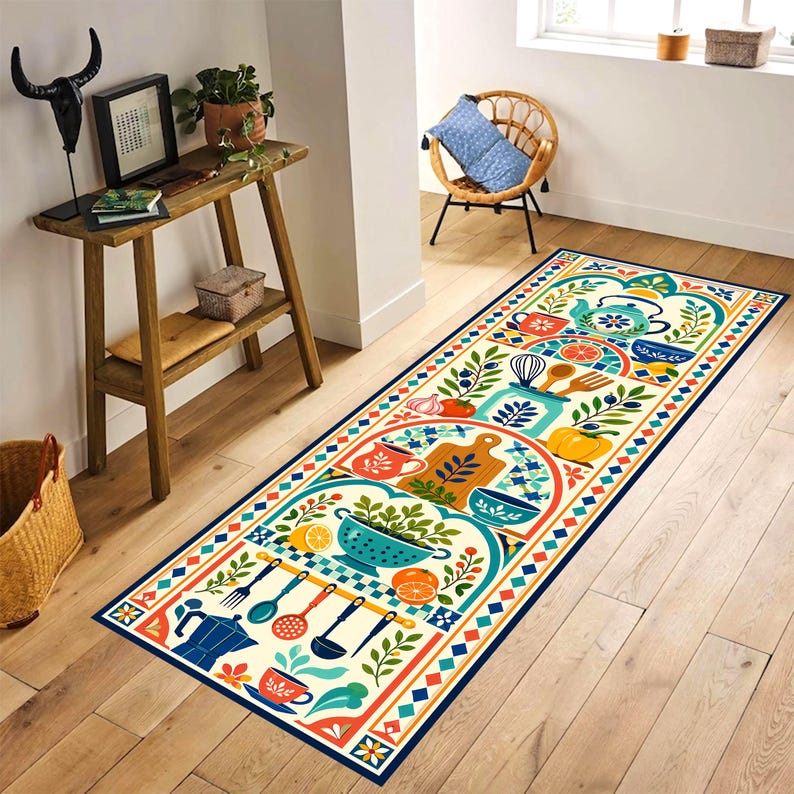 Mediterranean Kitchen Runner Rug: Folk Art Cooking Carpet, Non-Slip Machine-Washable