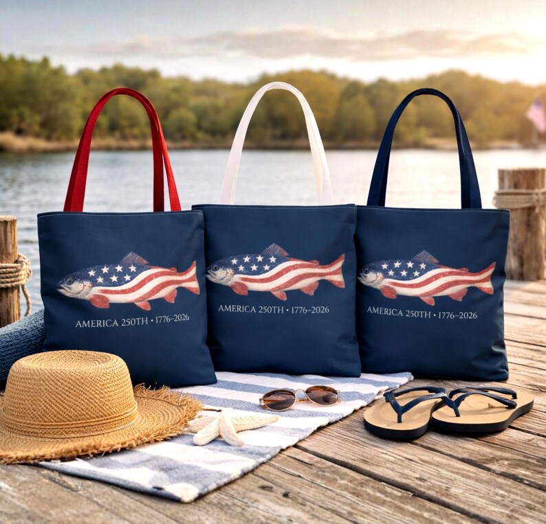 American 250th Trout Tote Bag, Patriotic Fishing Bag, 1776 2026 USA Gift, Lake Day Beach Tote, Fisherman Gift, Independence Day, USA bag