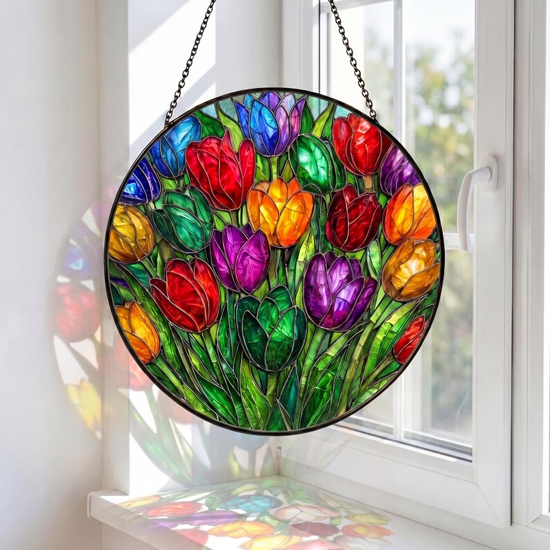 Stained Glass Heart Tulip Suncatcher, Colorful Spring Floral Window Hanging, Tulip Heart Decor, Mother’s Day Gift, Vibrant Garden Glass Art