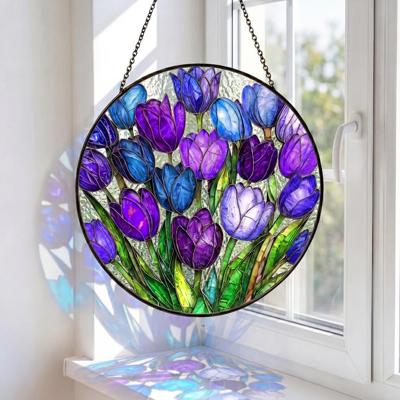 Stained Glass Heart Tulip Suncatcher, Colorful Spring Floral Window Hanging, Tulip Heart Decor, Mother’s Day Gift, Vibrant Garden Glass Art