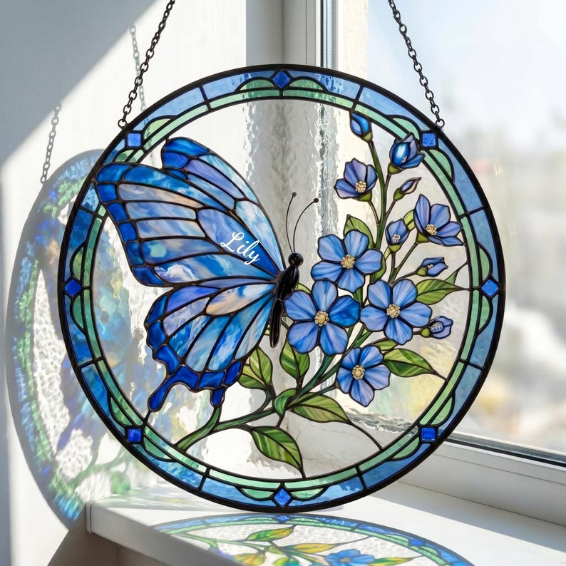 Custom Blue Butterfly Memorial Suncatcher, Custom Name Glass Window Hanging, Forget Me Not Floral Sympathy Gift, Botanical Stained Glass