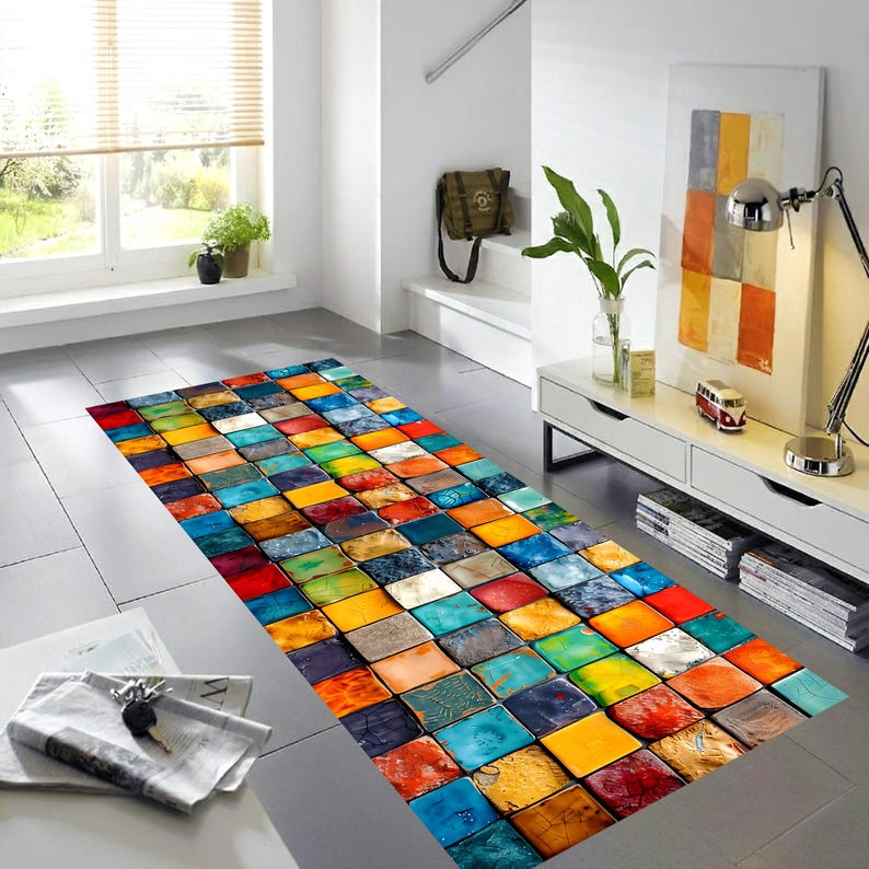 Colorful Mosaic Tile Runner Rug: Glossy Square Pattern Carpet, Machine-Washable Non-Slip